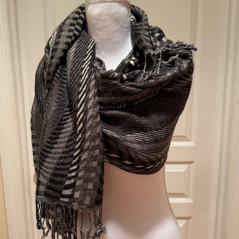 Elegant Black and Gray Patterned Shawl with Shimmer and fringe